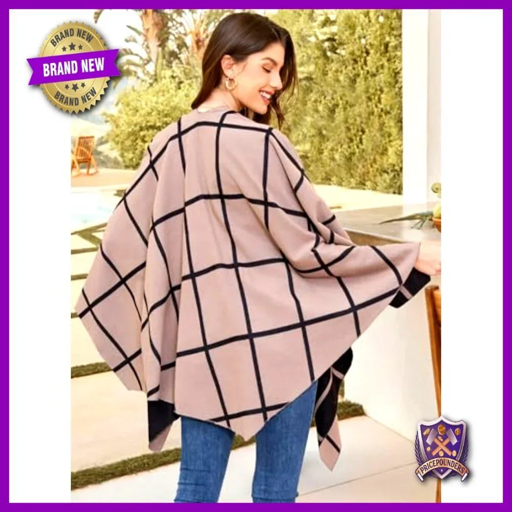 Classic Check Poncho Shawl Wrap Elegant Cashmere-Like Viscose Polyester Cape